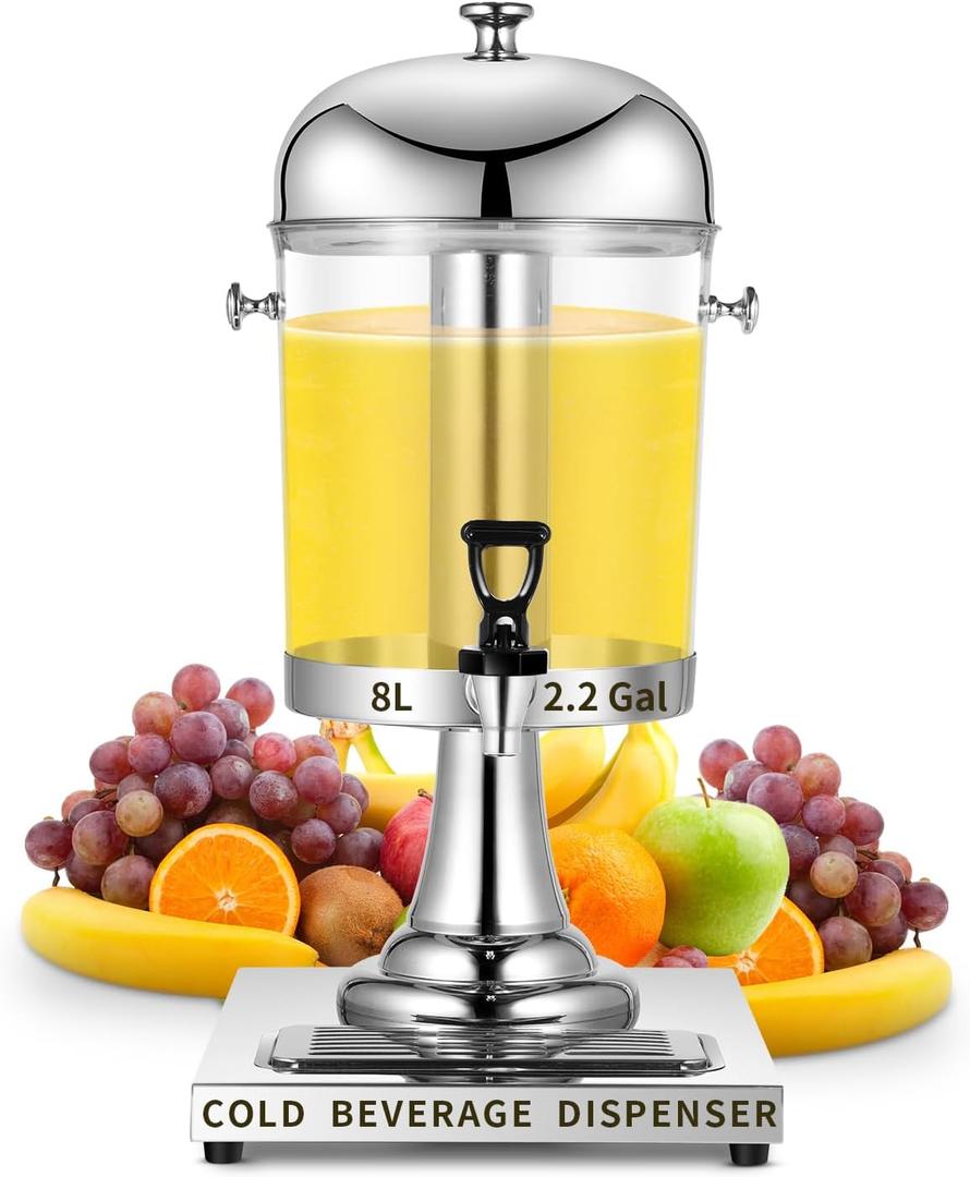 Cold Beverage Dispenser With Ice Container,AGKTER,2.2Gal 8Liters Single Stainless Steel Drink Dispensers Machine with Stand and Spigot for Parties Buffet Catering Cold Drinks and Beer