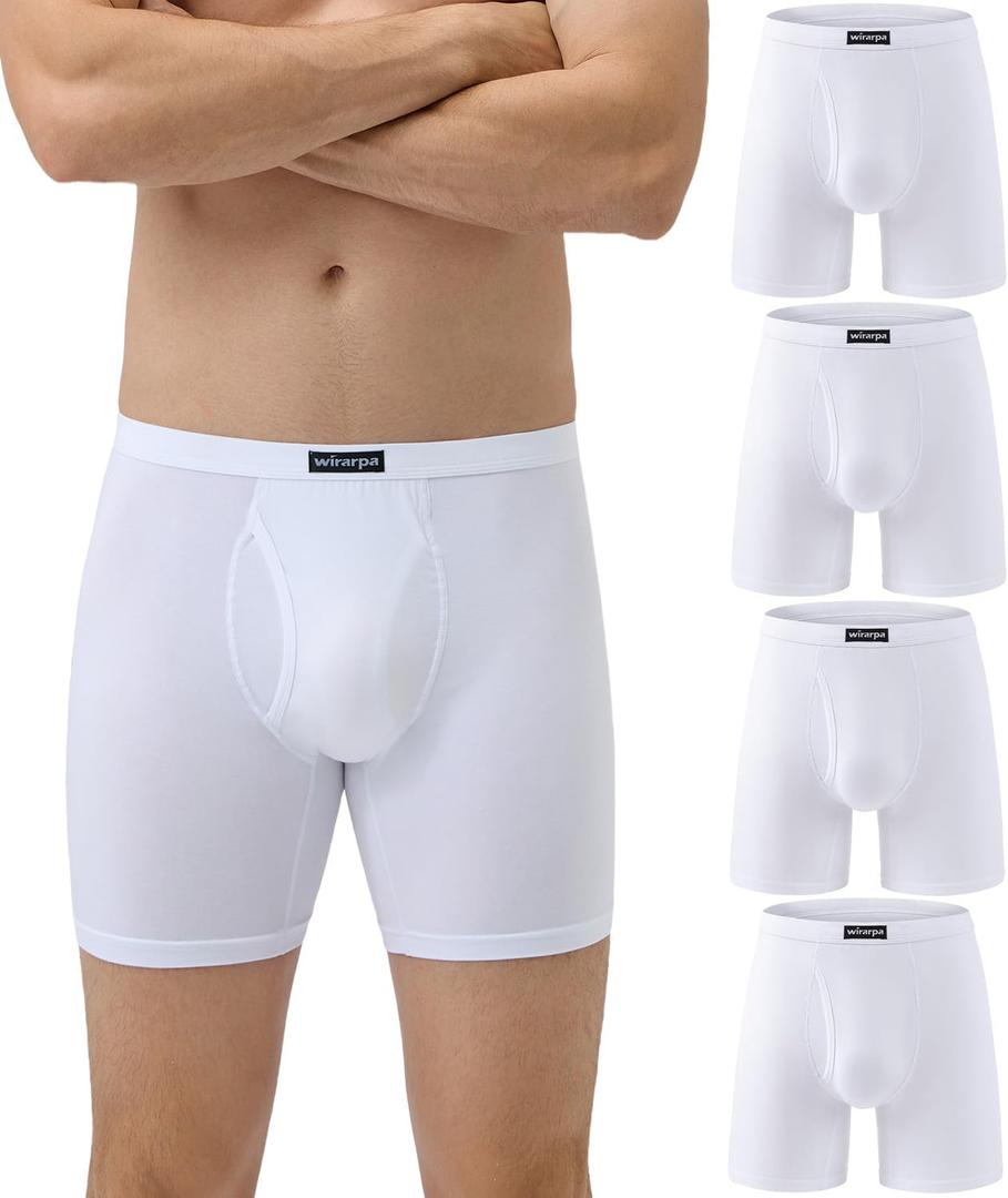 wirarpa Men's Underwear Boxer Briefs Micro Modal Covered Band Underpants with Fly 4 Pack (White) S