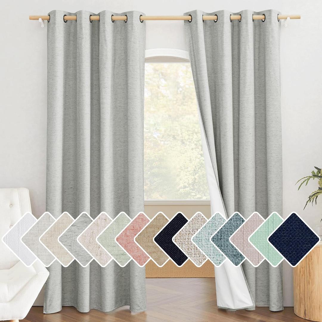 NICETOWN Grey Full Shade Room Warming Linen Curtain Panels 84 inches Long, Pair of Energy Smart & Noise Blocking Out Blackout Drapes for Guest Room Window, Thermal Insulated Lined Window Dressing (52"W x 84"L (Pack of 2))