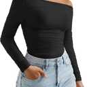 OMKAGI Women Long Sleeve Tops Boat Neck Off Shoulder Shirts Fitted Going Out Y2K Crop Top (Black, XS)