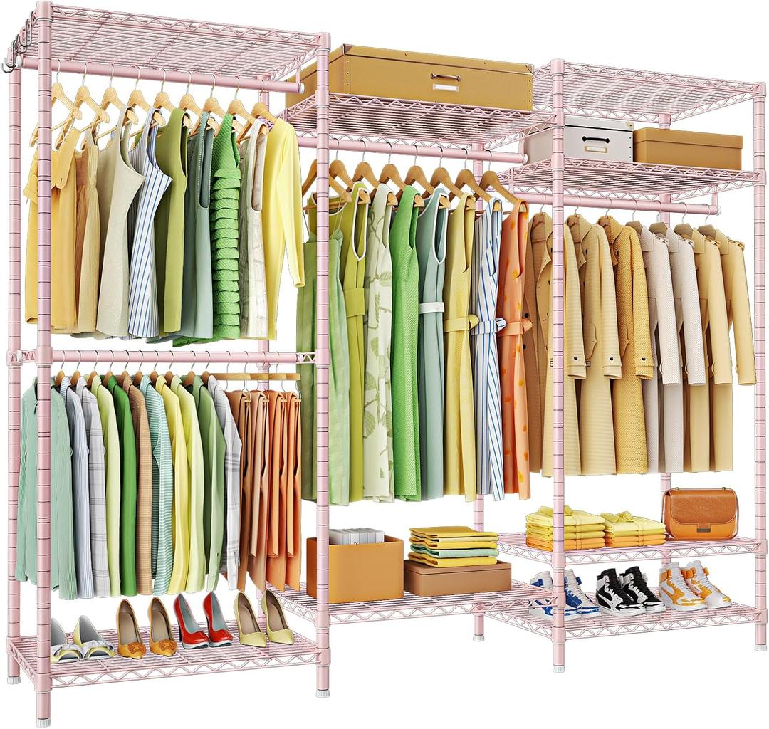 Ulif E13 Heavy Duty Clothes RackWith 4 Hanger Rods & 8 Shelves Freestanding Clothing Racks for Hanging ClothesAdjustable Closet OrganizerMetal Garment Rack 63" W x16 D x77 HMax Load 900LBSPink