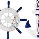 2 Pack 13" Nautical Beach Wooden Ship Wheel and 13" Wood Anchor with Rope Nautical Boat Steering Wheel Rudder Anchor Wall Decor Door Hanging Ornaments Beach Theme Home Wall Decoration