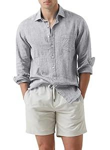 JMIERR Mens Cotton Linen Collar Casual Stylish Button Up Shirt Long Sleeve Business Dress Shirts Summer Beach Shirts for Men Old Money with Pocket Resort Wear, US 52(3XL), Grey