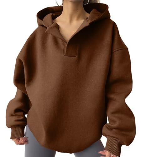 Ammiko Womens Oversized V Neck Hoodies Pullover Sweatshirts Y2k Fall Clothes Winter Fashion Outfits 2025 Dark Brown, Large