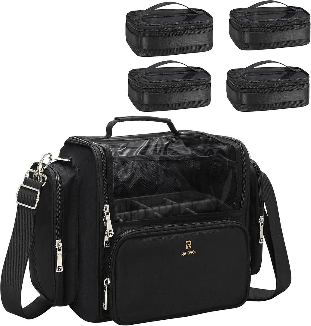 NAONAYA Makeup Brush Bag Extra Large Makeup Brush Case with 4 small bags Professional Makeup Artist Brush Holder Stand Up Organizer for Travel with Adjustable Dividers and Shoulder Strap