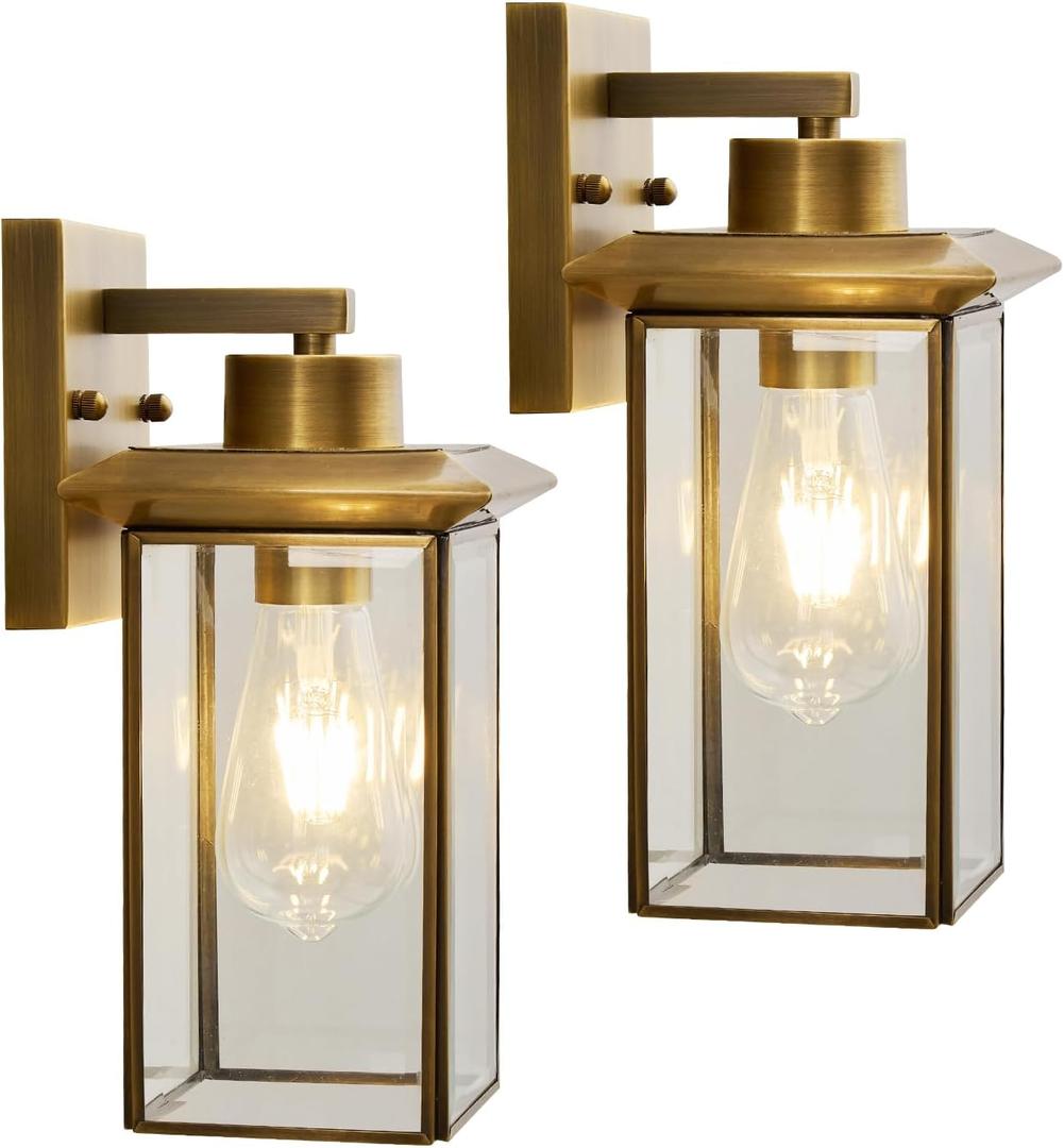 Brass Outdoor Wall Light Fixtures, Exterior Waterproof Lanterns, Porch Wall-Mounted Lights with E26 Socket and Glass Shade Modern Rustproof Wall Sconces for Yard, Front Door & Entryway 2-Pack
