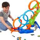 Hot Wheels Track Set with 4 Loops, 3-Way Crash Zone & Motorized Booster, Folds for Storage, with 1:64 Scale Toy Car