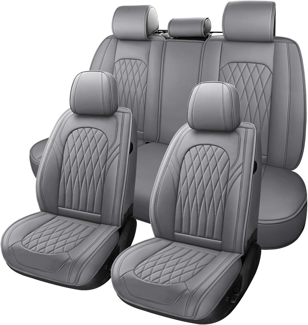 WELLDO Car Seat Covers Front Seats, Leather Seat Covers for Cars, Front Car Seat Protector Waterproof, Non-Slip Car Interior Covers Universal Automotive Seat Covers for Most Vehicle, Gray, Full Set