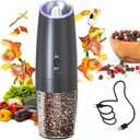 CIRCLE JOY Gravity Electric Pepper Grinder Rechargeable Salt Grinder Pepper Griner Mill Electric with LED Light, No Battery Needed, Adjustable Coarseness, Washable 135ml Container, Black
