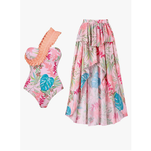 Women's One Piece Swimsuit with Cover up Wrap Skirt Floral Sarong Tummy Control Beach Bikini Set Bathing Suit, L