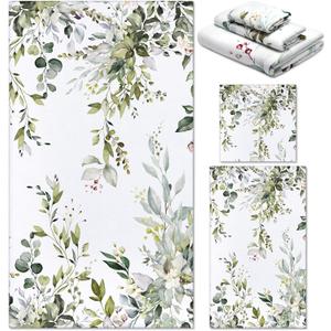 Preboun 3 Pack Sage Green Eucalyptus Bathroom Towels Set Spring Leaves Hand Towels Spring Floral Bath Decor Green Plant Dish Absorbent Fingertip Wash Cloth for Kitchen Bathroom Gym Spa Home