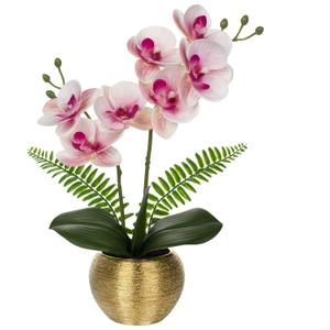Briful Fake Orchid Fake Plant 13''Pink Orchids Artificial Flowers with Gold Ceramic Vase Faux Orchid for Home Office Gold Table Centerpiece Decor Indoor