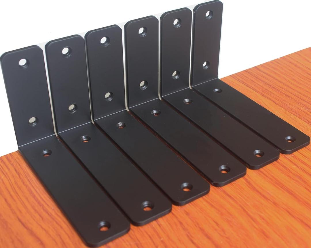 6 Pack - L 6" x H 4" x W1.5, 5mm Thick Black L Shelf Bracket, Iron Shelf Brackets, Metal Shelf Brackets, Floating Shelf, Shelf Supports with Screws