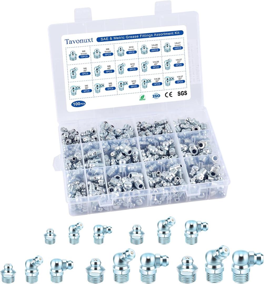 100 PCS SAE & Metric Grease Fittings Kit - Hydraulic Zerk Assortment 1/4" 1/8" M6 M8 M10 with Straight, 45, and 90 Degree Heads for Automotive and Industrial Use, Galvanized Steel Set