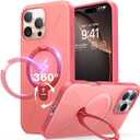 TORRAS Upgraded 360 Spin Magnetic Stand for iPhone 16 Pro Case, Fit for MagSafe, Built-in Kickstand & Ring Holder, Mil-Grade Protective Soft Edge Slim Case for iPhone 16 Pro, Coral Pink, 6.3''
