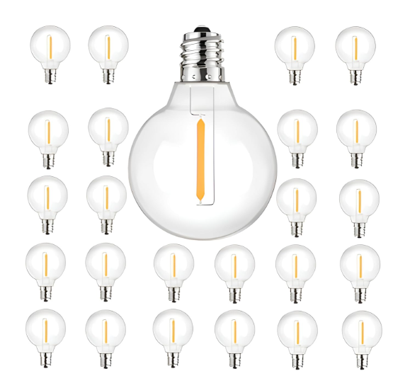 G40 LED Replacement Edison Bulb, Pack of 25 Pieces, Screw Base and Shatterproof Globe Bulb, for E12 Candelabra and C7 LED String Lights.