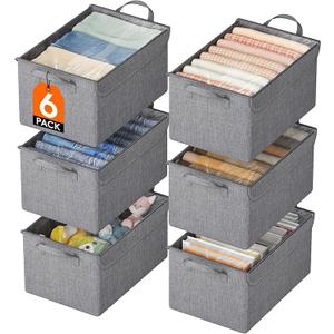 Fabric Storage Boxes 6 Pcs, Stackable Storage Bins with Clear Lids, Foldable Oxford Cloth Cube Closet Organizer Baskets, Clothes Containers for Towels, Blankets, Books, Light Grey-Medium