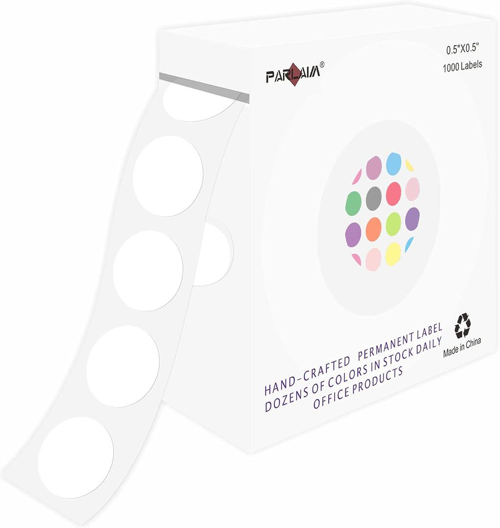 PARLAIM 0.5" Round Color Coding Circle Dot Labels on a Roll, 1000 Stickers in Plastic Dispenser Box, 1/2 inch Diameter, White