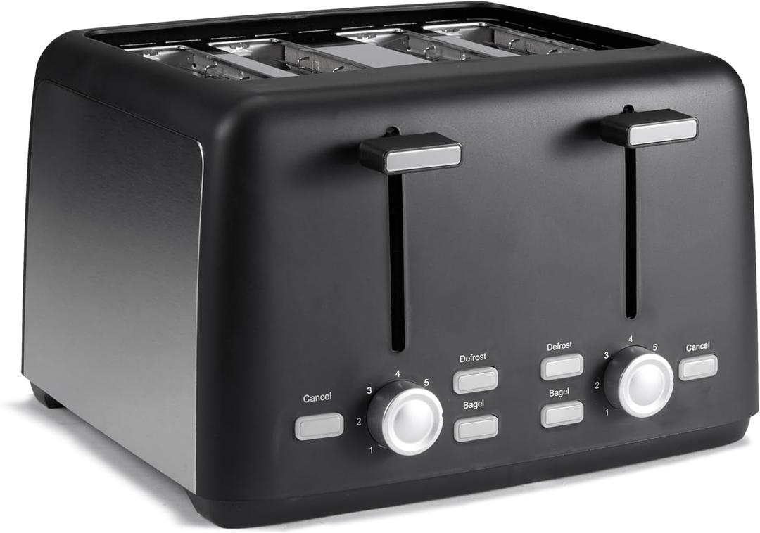 Amazon Basics 4 Slice Toaster, 7 Browning Settings, Extra Wide Slots for Bagels and Specialty Breads, Removable Crumb Tray, Cancel/Defrost/Bagel Buttons, 1500W, Black & Silver