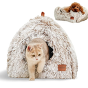 CATISM Cat Bed, Cat Cave for Indoor Cats, Soft Cat Dome, SelfWarming 2 in 1 Foldable Pet Cat House with Washable Cushioned Pillow Calming Fluffy Dog Beds for Small Dogs with AntiSlip Bottom Brown
