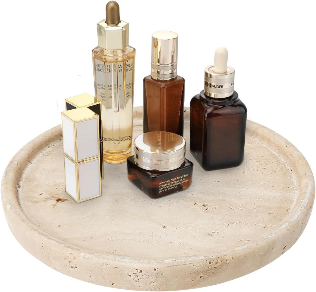 Travertine Tray, Small Ceramic Vanity Tray for Bathroom Counter Decor, Round Marble Decorative Trays for Coffee Table (Beige, Large Size) (9.8")