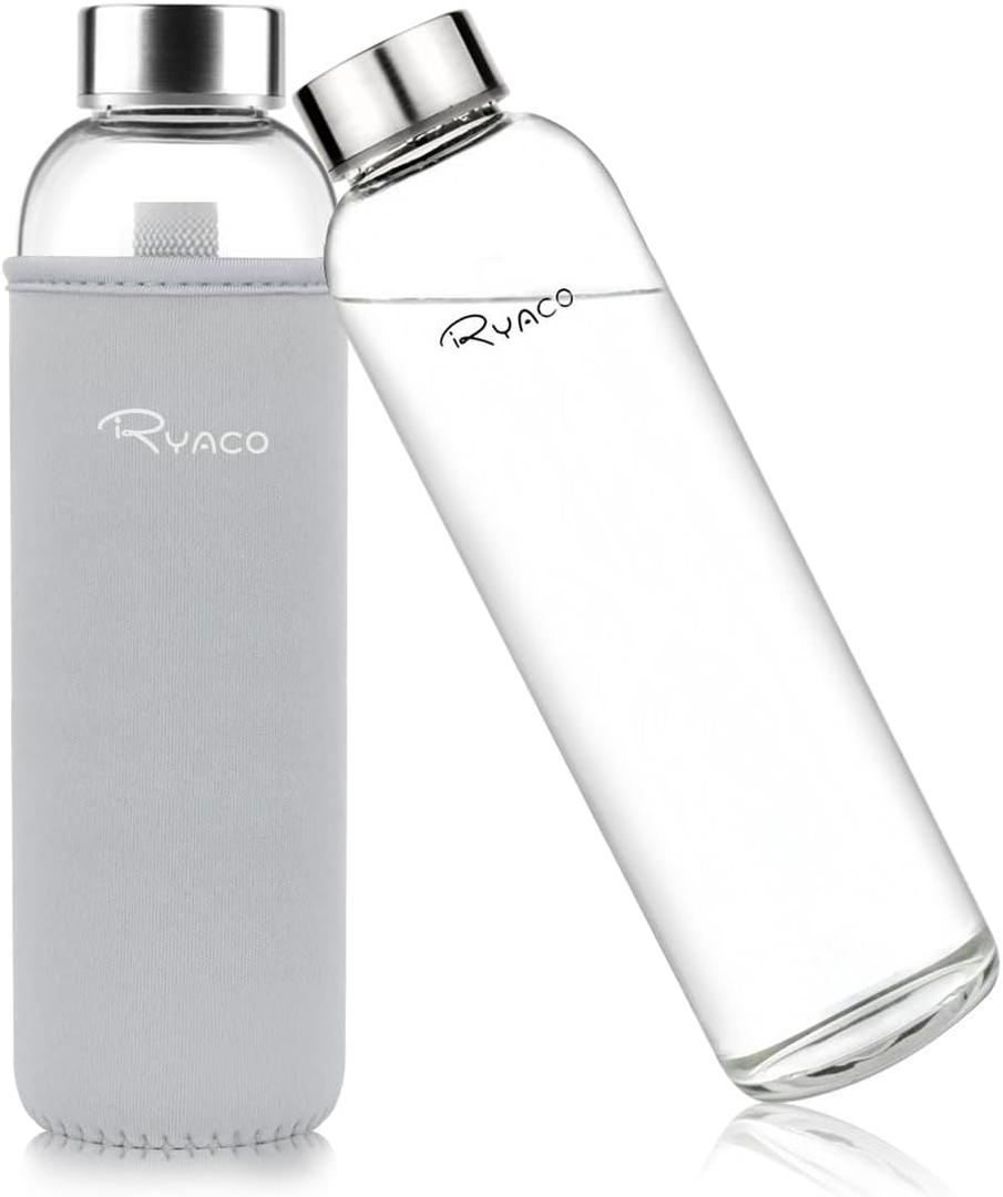 Ryaco Borosilicate Glass Water Bottle 33oz/1L/1000ml BPA-Free Leak Proof Ideal for School Home Office Travel Sport Yoga Gym Hot Cold Drinks with Portable Neoprene Carrying Sleeve and Sponge Brush