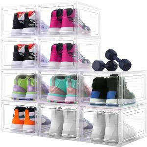10 Pack Shoe Boxes Clear Plastic Stackable, Large Shoe Storage Organizer with Magnetic Clear Door, Shoe Container Sneaker Storage Display Case Fit up to US Size 12
