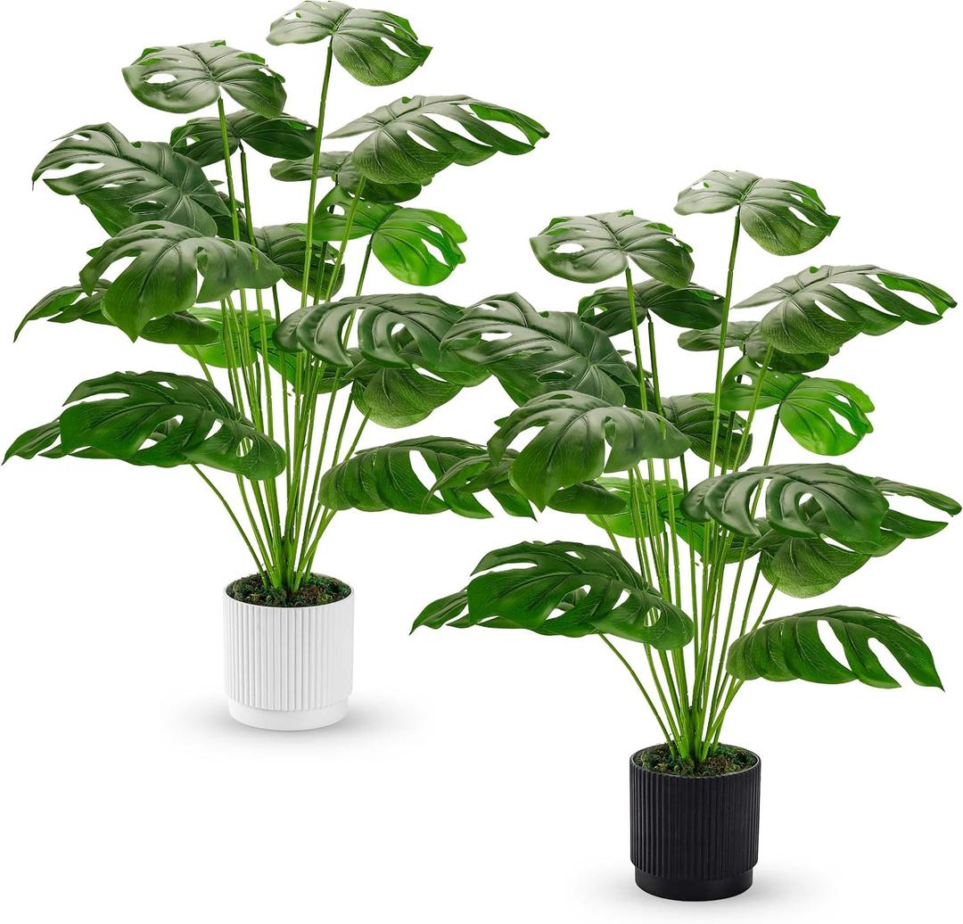 Der Rose 28" 2 Packs Fake Plants Large Artificial Monstera Faux Plants Indoor Tall for Floor Home Office Farmhouse Bedroom Decor (28"-WHITE&BLACK)