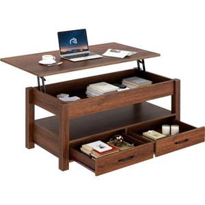 Rolanstar Coffee Table, Lift Top Coffee Table with Drawers and Hidden Compartment, Retro Central Table with Wooden Lift Tabletop, for Living Room,Espresso (19.7"D x 39.4"W x 24.3"H)
