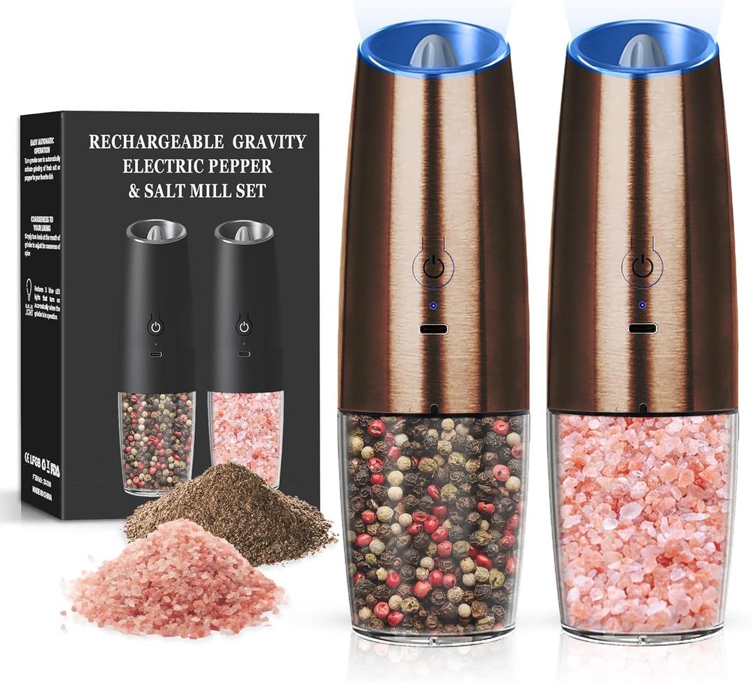 Rechargeable Salt And Pepper Grinder Set with LED Light, Automatic Electric Gravity Salt And Pepper Shakers Set, No Battery Needed, Adjustable Roughness, 2 Pack (Copper)