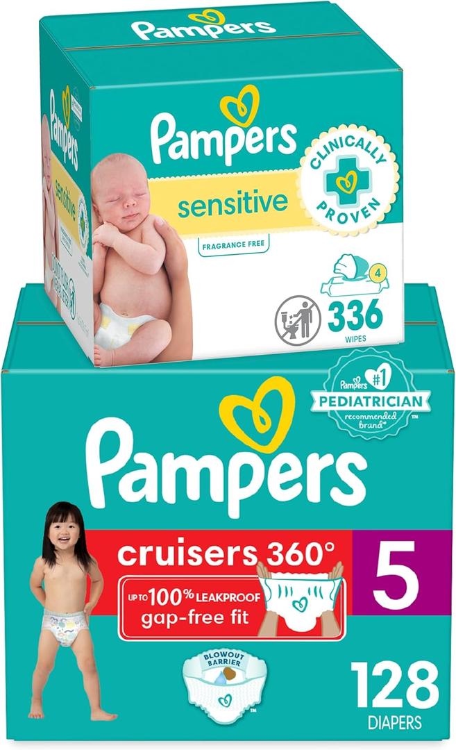 Diapers Size 5, 128 Count and Baby Wipes - Pampers Pull On Cruisers 360 Fit Baby Diapers with Stretchy Waistband, ONE MONTH SUPPLY with Sensitive Wipes, 6X Pop-Tops, 336 Count (Packaging May Vary)