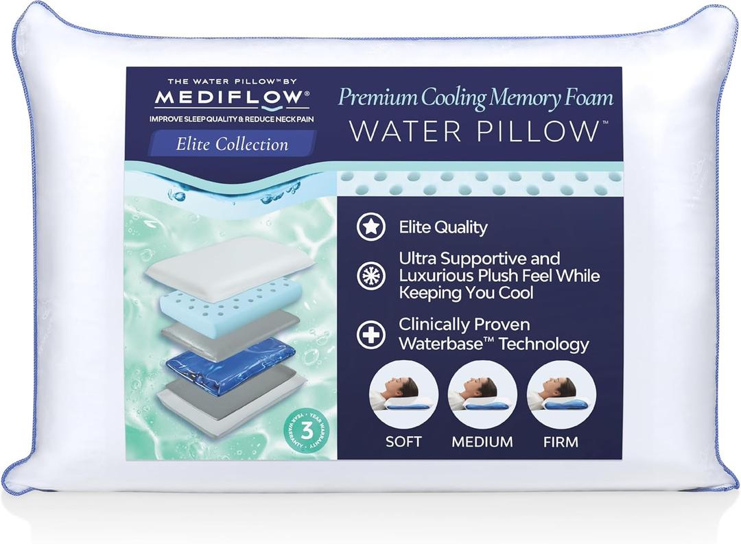 Elite Collection Water Pillow - Cooling Gel Memory Foam, Orthopedic, Adjustable for Neck Pain Relief (Single)
