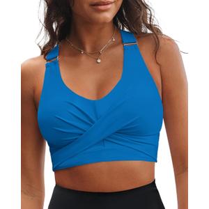 GRAPENT Bikini Tops for Women Twist Front Ruched Bathing Suit Adjustable Crisscross Back Cropped Tankini Swim Top Only (X-Large, Mykonos Blue)