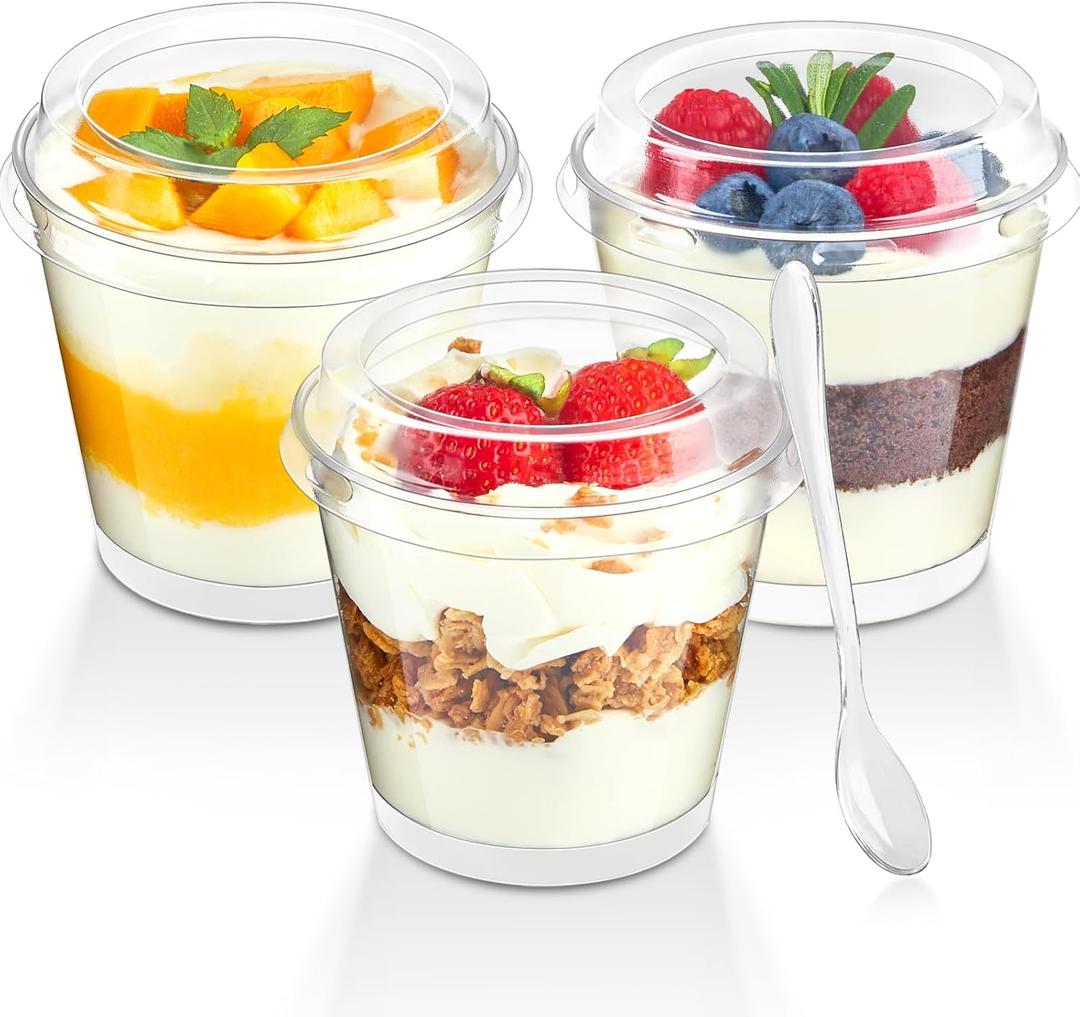 Qeirudu 50 Pack 6 oz Mini Dessert Cups with High Lids and Spoons, Small Plastic Cake Cups Round Shooter Cups for Serving Parfait Appetizer Pudding Fruit Ice Creams