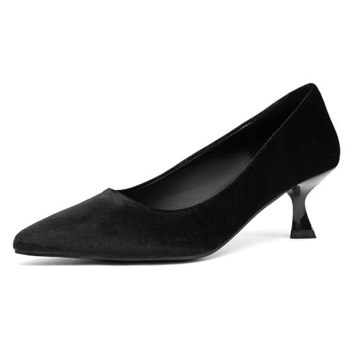 NEWBELLA Women's Mid Heel Pumps Shoes Suede Pointed Toe Stiletto Heels Slip on Comfort Pumps 2.5 Inches for Dress Party Wedding Office Black 7.5