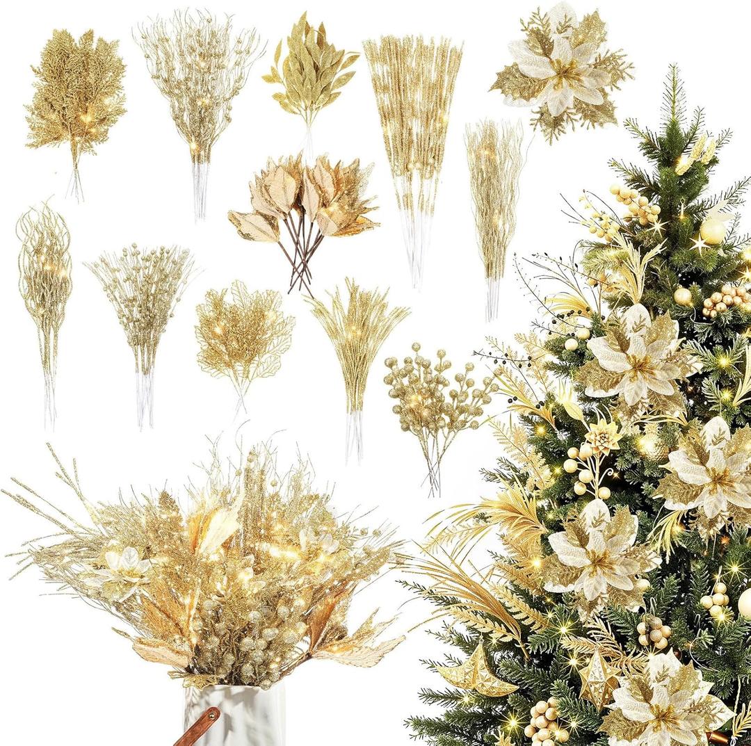 Yerliker 108 Pcs Gold Glitter Christmas Picks and Sprays, 12 Styles Artificial Christmas Floral Berry Branches Flowers Stems for Xmas Tree Ornaments Wreath Garland DIY Vase Holiday Party Decor