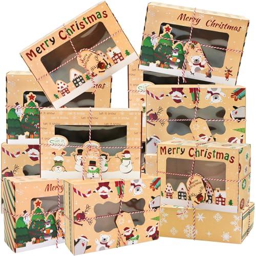 Giaueoa 12 Pcs Christmas Cookie Boxes with Window and Lid, Christmas Bakery Treat Boxes for Gift Giving, Food Packaging, Xmas Party Supplies Cupcakes Dessert Containers