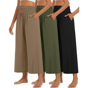 Huukeay 3 Pack Wide Leg Pants for Women, Lounge Yoga Pants High Waist Loose Casual Trouser Cropped Palazzo Capri with Pockets S