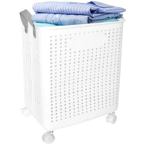 Collapsible Laundry Baskets With Wheels,Laundry Hamper,Foldable Rolling Laundry Basket Plastic With Handles& Breathable, 62L(16Gallon) White