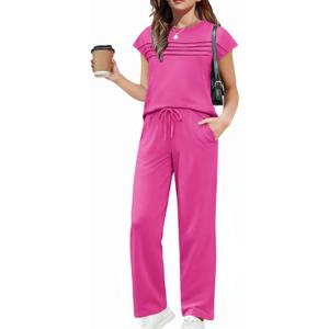 Arshiner Teen Girl Clothes Two Piece Outfits Cap Sleeve Round Neck Blouse Loose Wide Leg Pants Sets for Kids 12-13 Years