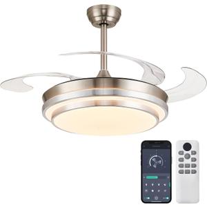 48 Inch Retractable Ceiling Fans with Lights, Modern Fandelier Ceiling Fan with Remote and App Control, 3 Color Dimmable, 6 Speeds Reversible, for Bedroom/Living Room/Office (Brushed Nickel)