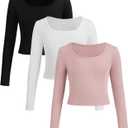 Floerns Girls 3 Piece Solid Ribbed Knit Square Neck Long Sleeve Tee Shirts Crop Tops (10 Years, A Pink White Black)