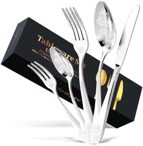 30-Piece Stainless Steel Silverware Set, Elegant Floral Engraved Cutlery Flatware Set for 6, Durable Tableware Utensil Sets Silver Include Fork Spoon Knife with Mirror Polish Silver