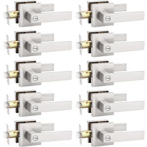 KNOBWELL 10 Pack Brushed Nickel Interior Door Handle, Privacy Door Knob with Lock Keyless Modern Square Bedroom Bathroom Door Handle(No Key)