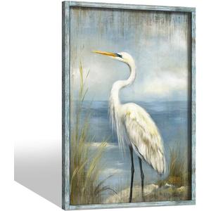 Coastal Beach Framed Wall Art: Large Heron Wooden Painting Ocean Sea Bird Prints Blue Seasacoe Picture Beach Seashore Artwork for Bathroom Bedroom Home Office