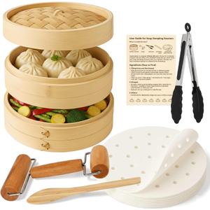Bamboo Steamer Basket 10 Inch | 2 Tier Dumpling and Dim Sum Steamer for Bao Buns Vegetables and Asian Cooking | Bamboo Steaming Basket Set with Parchment Liners and Food Tongs