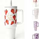 Strawberry 40 oz Insulated Tumbler with Handle,Stainless Steel Double Wall Vacuum Water Bottle, LeakProof Lid & Straw, Keeps Drinks Hot & Cold, Cute Fruit Floral Tumbler for Women