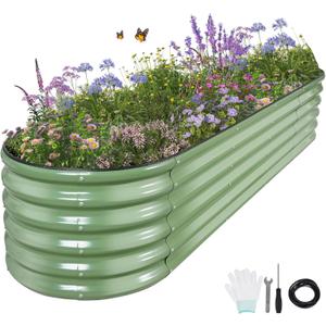 Galvanized Raised Garden Bed - 8x2x1.4FT Metal Planter Boxes Outdoor | Oval Steel Raised Bed Kit for Gardening with Protective Tape, Bracing Rods, Gloves for Vegetables, Flower, Herb (Green)