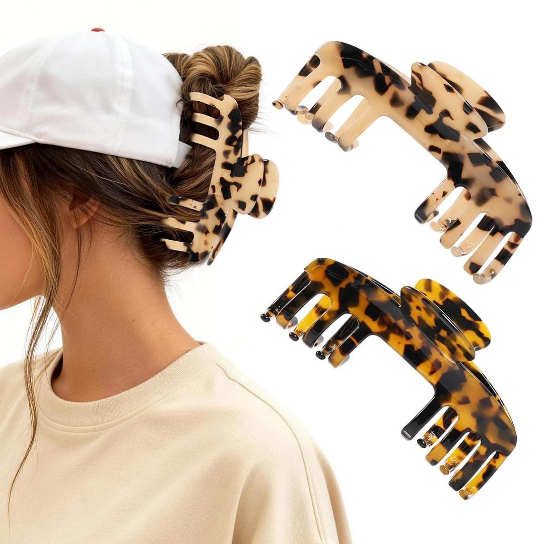 2 Pcs Large Hat Claw Clips for Women, Trucker Hat Hair Clips for Baseball Cap, Acetate Tortoise Shell Non-Slip Strong Hold Hair Claw Clips, Fit for Thin Hair Hat Hairstyles, Gifts Hair Accessories
