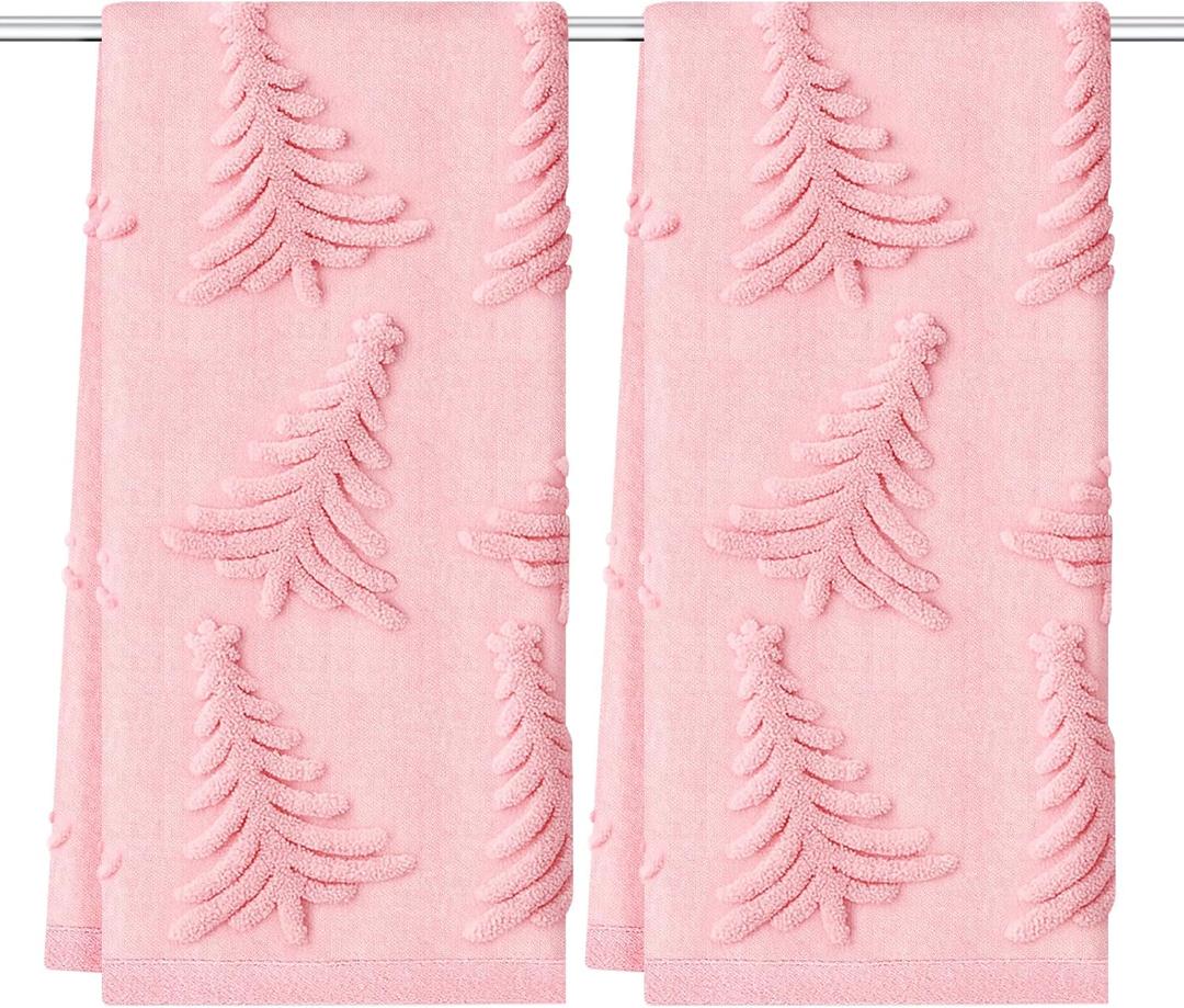 Pink Christmas Decor Bathroom Hand Towels 13x29 Inch 100% Cotton Christmas Tree Dish Towels Drying Kitchen Towels Xmas Home Kitchen Decoration Set of 2